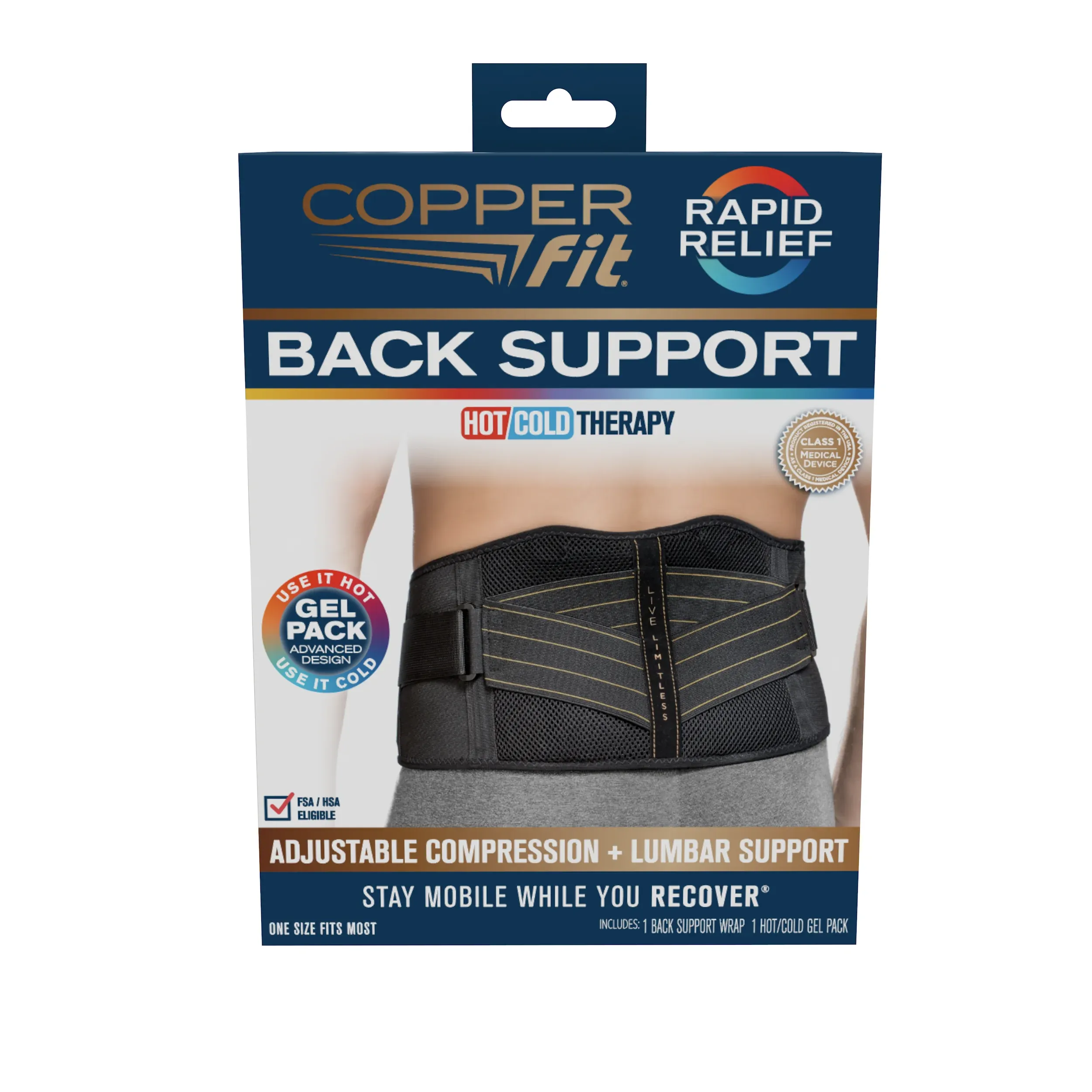 Copper Fit Rapid Relief Back Support 3 In 1 One Size Hot Cold Therapy Gel Pack 