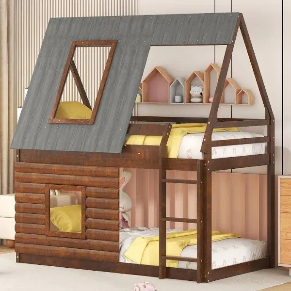 Merax Twin Over Twin Bunk Bed Wood Frame House Shaped with Roof,Ladder and 2 Windows for Kids Teens Girls Boys,Oak & Smoky Grey