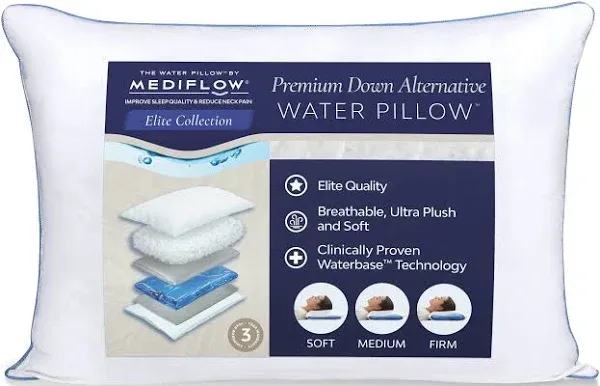 Mediflow Water Pillow - Elite Collection, Fiber Pillow. Orthopedic Pillow for Neck Pain Relief, Adjustable Water Pillow for Sleeping. (Single Pillow), White