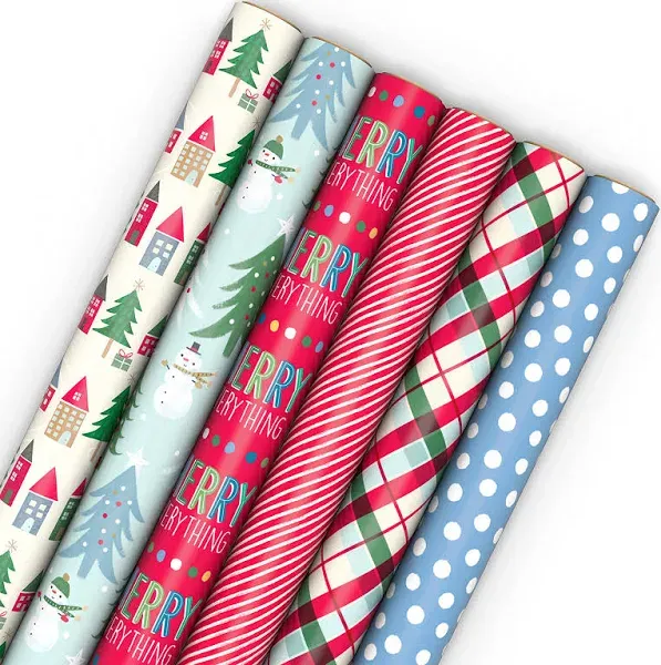 Hallmark Cute Recyclable Christmas Wrapping Paper (6 Rolls: 180 Sq. Ft. Total) Red, Blue, Green Plaid, Merry Everything, Colorful Houses, Snowmen and Trees, Dots, Stripes