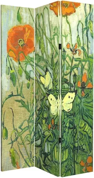 Room Divider Wood Privacy Screens Van Gogh's Butterflies and Poppies Painting Canvas 3-Panel Foldable Portable Separating Divider Room Partitions Freestanding Home Decor 71'' High