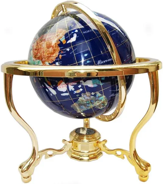 Unique Art Since 1996 Geography 14in Blue Lapis Gemstone Globe with Gold Stand