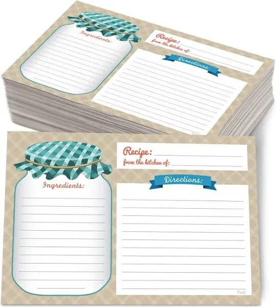 Neatz Mason Jar Recipe Cards - 50 Double Sided Cards, 4x6 inches. Thick Card Stock