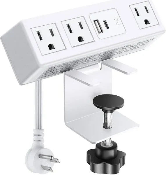 3 AC Outlet Desk Clamp Power Strip Desk Mount USB Charging Power 6FT White