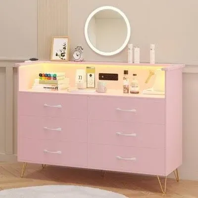 Dresser for Bedroom with LED Light & Charging Station