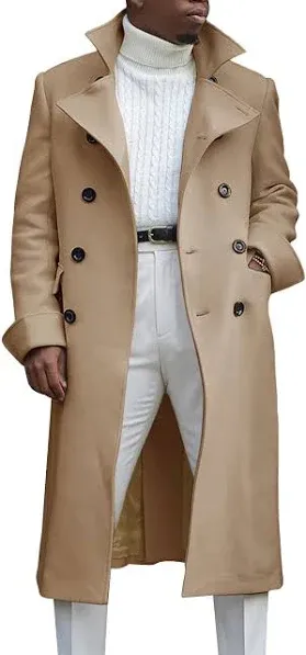 Men&#039;s Notch Lapel Double Breasted Long Trench Coat Casual Cotton Blend Peacoat