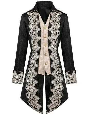 WISHU Men Steampunk Medieval Tailcoat Jacket, Embroidery Vintage Gothic Halloween Costumes, Victorian Frock Coat Uniform