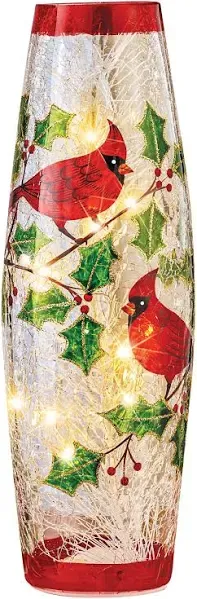 LED Holly Cardinal Crackled Glass Hurricane Lamp