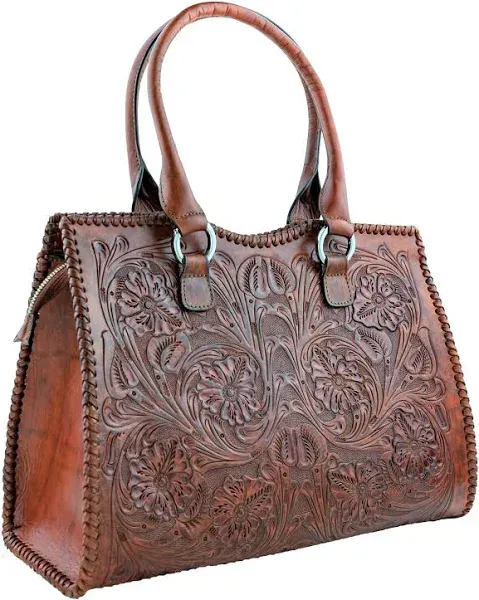 Mauzari Carlotta Women's Large Tooled Leather Shoulder Bag Tote ( Brown)