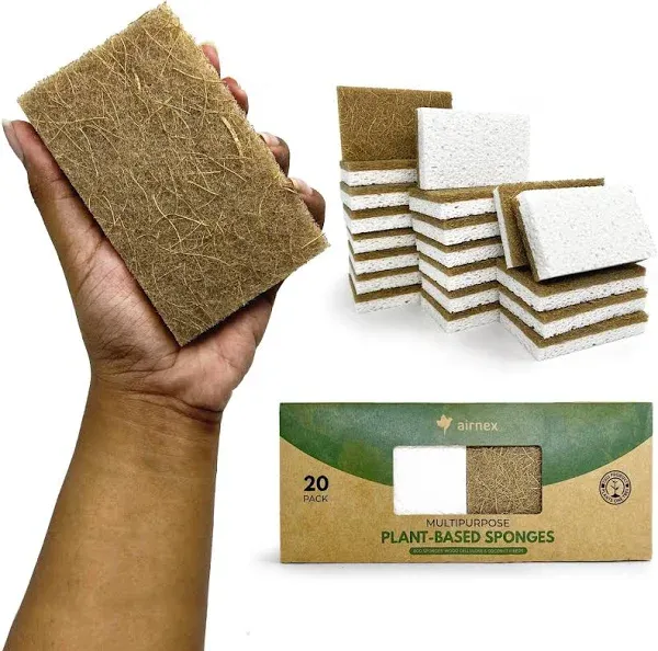 Natural Kitchen Sponges Pack of 20 - Biodegradable Cellulose and Coconut Husk Walnut Scrubber Sponges - Odor Free Non Scratch Sponges - Eco Friendly Quick Drying Dishwashing Sponges