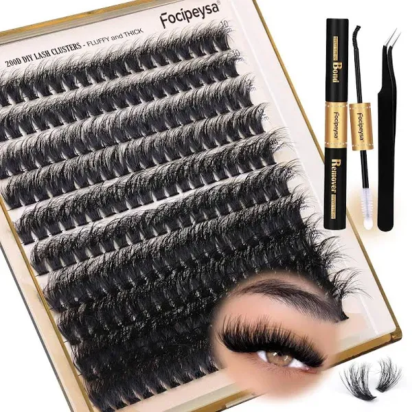 Focipeysa Lash Extension Kit Thick Eyelash Extension Kit 10-18mm Fluffy Lash Clusters 200D Individual Eyelashes Kit with Lash Bond, Lash Remover, Lash