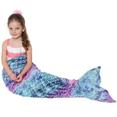  Kids Mermaid Tail with Sleep Mask, Super Soft Flannel Shiny Rainbow Ombre