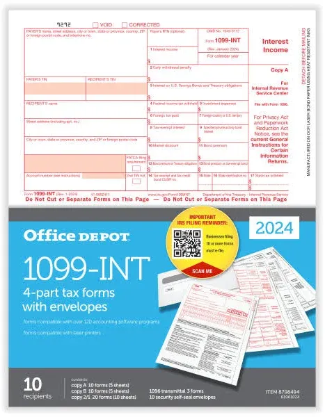 Office Depot 1099-INT Laser Tax Forms With Envelopes, 4-Part, 2-Up, 10PK