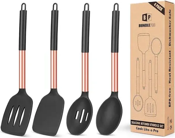 Pack of 4 Silicone Cooking Utensils Set, Non Stick Large Solid Spatulas, Heat Resistant Gray Slotted Spoons, Ideal BPA Free Kitchen Turners for Frying, Mixing,Serving,Draining,Turning,Stirring