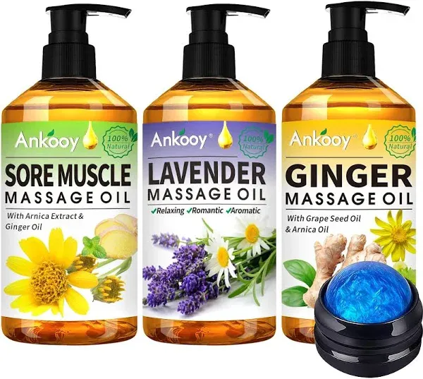 3 Pack Massage Oil for Massage Therapy,Sore Muscle Arnica Oil & Lavender Oil Massage Oil for Date Night & Ginger Oil Lymphatic Drainage & Massage Ball-Christmas Gifts for Men Women Stocking Stuffers