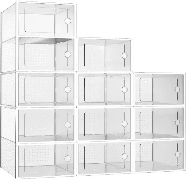 Large 12 Pack Shoe Storage Box Clear Plastic Stackable Shoe Organizer for Closet