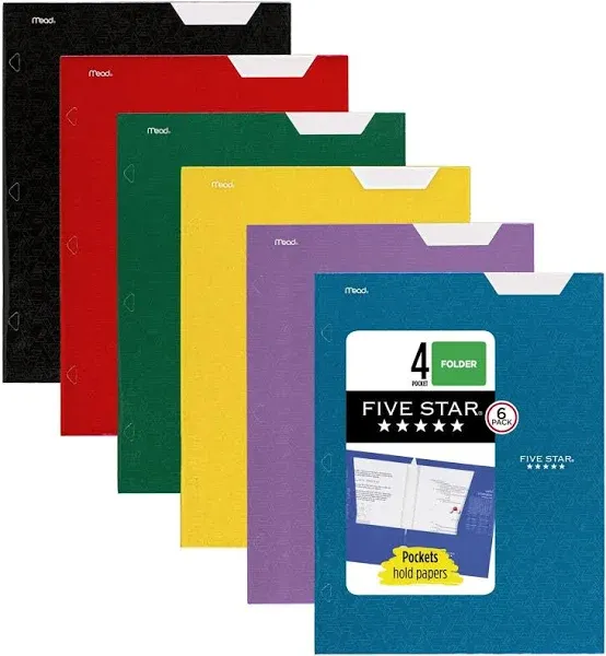 Five Star Four-Pocket Portfolio, 11 x 8.5, Assorted Colors, Trend Design, 6/Pack