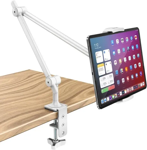 AboveTEK Premium Tablet Stand Holder, Aluminum Adjustable iPad Arm Clamp Mount for Desk & Bed with 360° Rotation, Overhead Compatible with 4.5"-13.5" iPad Pro/Air/Mini, iPhone, Galaxy Tab-White