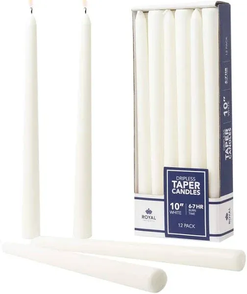 Royal Imports Unscented Taper Candles, Elegant Premium Quality, Dripless & Smokeless, Hand-Dipped Dinner Candles for Wedding, Holiday, Home Decor - 7 Hour Burn Time - Set of 12 (10 Inch, White)