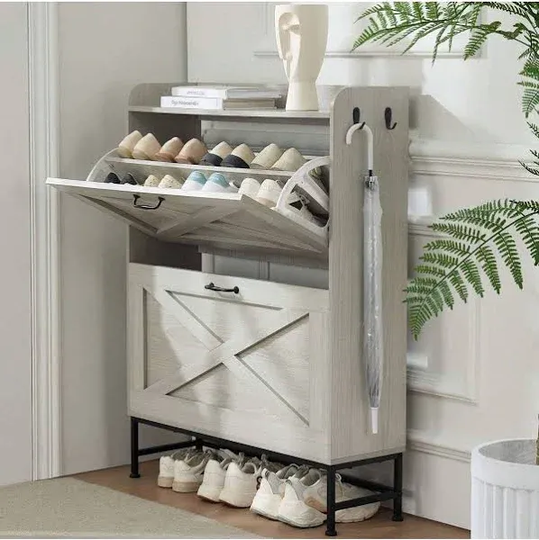 Shoe Cabinet Storage for Entryway Hidden Shoes Storage Cabinet Farmhouse Narrow Shoe Organizer Cabinet with 2 Flip Drawers, Free Standing Slim Shoe Cabinet for Door Entry, Foyer, Hallway, White