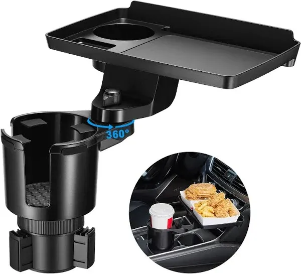 THIS HILL Cup Holder Tray for Car, 2 in 1 Detachable Car Food Table Tray with Solid Base & Phone Slot,Car Cup Holder Expander with 360°Rotation Tray for Travel Road Essentials