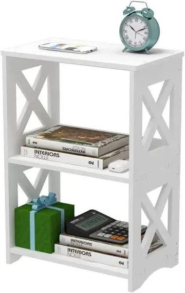 3-Tier Side Table, Small End Table with Storage Shelf, White Nightstand Bedside 