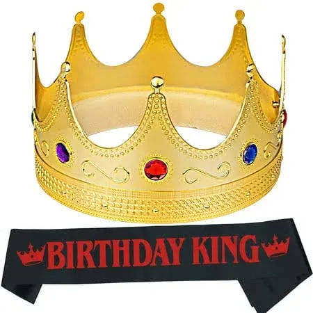 NA King Crown and Birthday Sash, Prom Decoration Gifts for Men (Gold-1)