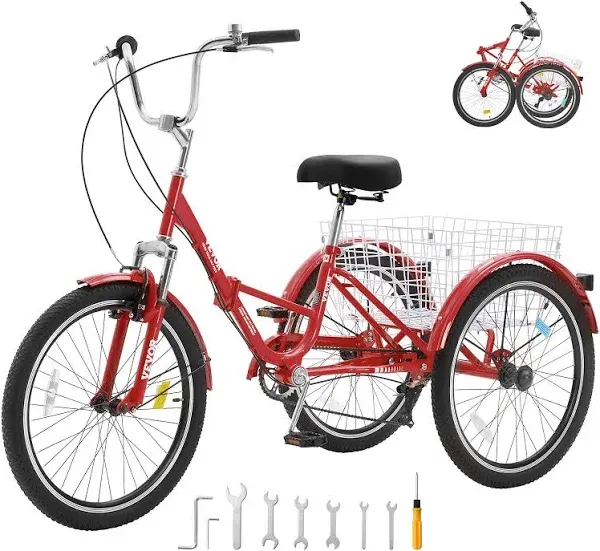 Vevor Foldable Tricycle Adult 24 Wheels Adult Tricycle 7-Speed 3 Wheel Bikes For Adults