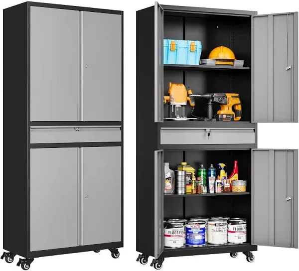 Garage Storage Cabinet with Locking Doors, Adjustable Shelves, Rolling Tool Storage Cabinet, 4