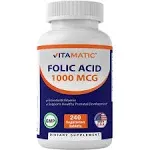 2 Pack - Vitamatic Folic Acid 1000 mcg (1 mg) - 240 Vegetarian Tablets - 1667 mcg DFE - Vitamin B9 (Total 480 Tablets)