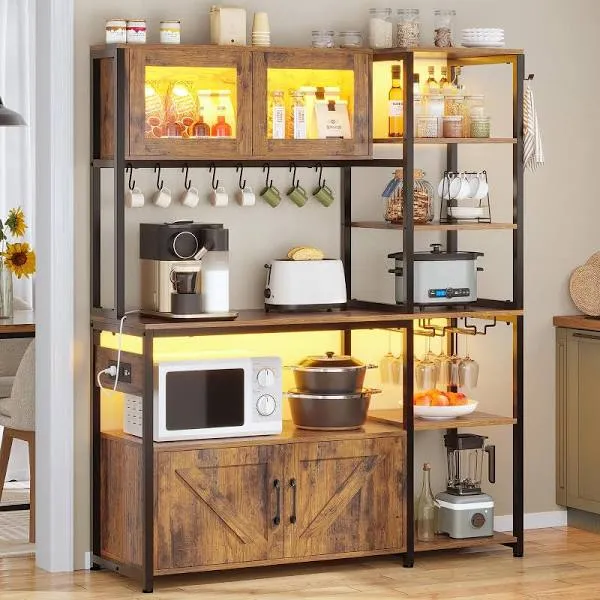 45.3 Inches Farmhouse Coffee Bar Bakers Rack with Power Outlet and LED Light  Cabinet Kitchen with Storage Black