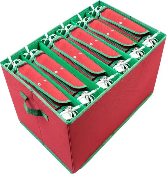 Honey-Can-Do Polyester 6-Compartment Christmas Tree Lights Storage Box with Handles, Red