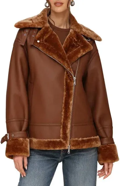 AVEC LES FILLES Women's Oversized Faux Shearling Biker Jacket