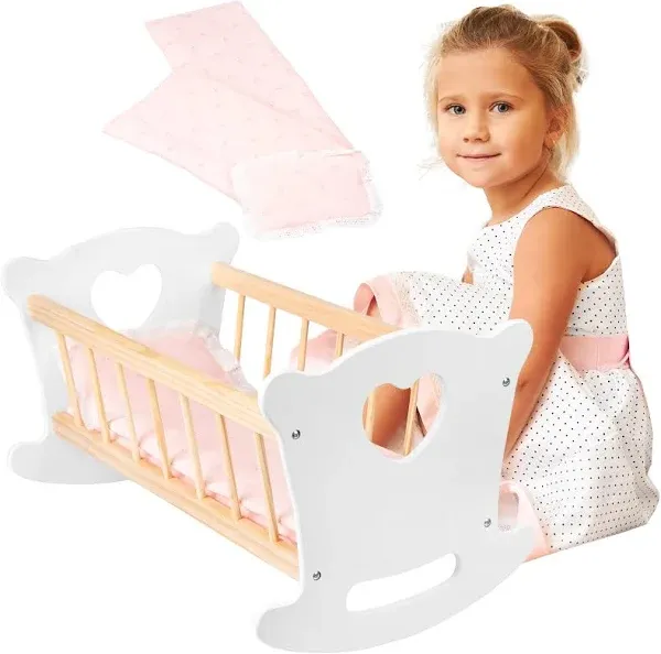 Green Series Kinderplay Baby Doll Crib, Wooden Doll Cradle with Pink Pad, Blanket and Pillow, Baby Doll Bed Toys for 18-Inch Dolls, Doll Furniture Accessories Gift for Ages 3+, White Color