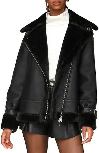 AVEC LES FILLES Women's Oversized Faux Shearling Biker Jacket