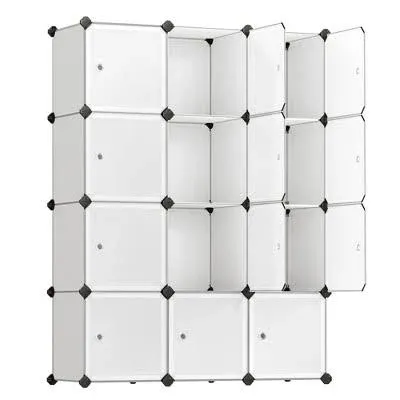 SONGMICS 12 DIY Cube Storage Organizer Closet Storage Shelves Plastic Closet Cabinet Bookcase Shelving with Doors for Bedroom, Living Room White