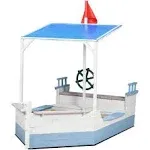 Outsunny Kids Sandbox with Canopy, Pirate Ship Wooden Sand Boxes with 