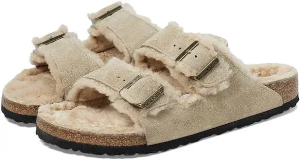 Birkenstock Unisex Arizona Shearling Suede Leather Sandals Narrow Width - Taupe