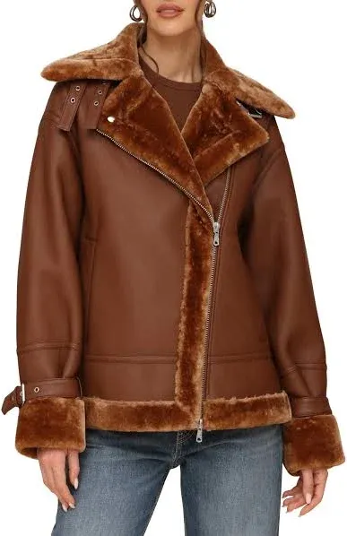 Avec Les Filles Women's Oversized Faux Shearling Moto Coat