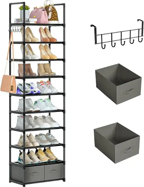 Tall Shoe Rack Narrow 10 Tier Shoes Rack 20 25 Pairs, 17.7*11.8*78.7<wbr/>in Black