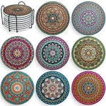 Mandala Drink Coasters with Holder - 8 Set Ceramic Boho Coaster for Drinks Ab...