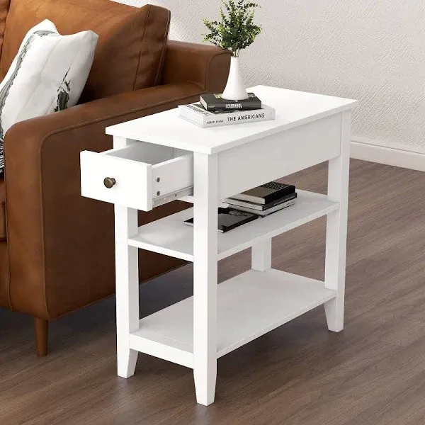 ChooChoo Side Table Living Room, Narrow End Table with Drawer and Shelf, 3-Tier Sofa End Table for Small Space, Espresso