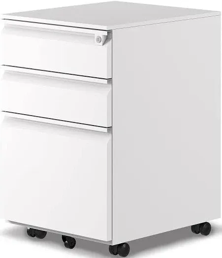 3-Drawer Mobile File Cabinets Rolling, Vertical Metal Filing Cabinet for Legal & Letter File Anti-tilt Design with Lock Under Desk Office Drawers Fully Assembled (White)