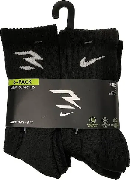 NIKE 3BRAND by Russell Wilson Everyday Plus Crew Socks Black Sz S (3Y-5Y