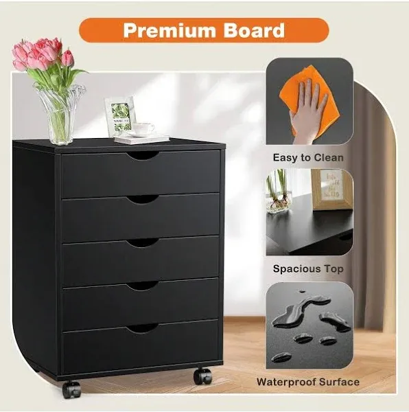 5 Drawer Chest,Storage Cabinets Dressers Wood Dresser Cabinet with Wheels Mobile Organizer Drawers