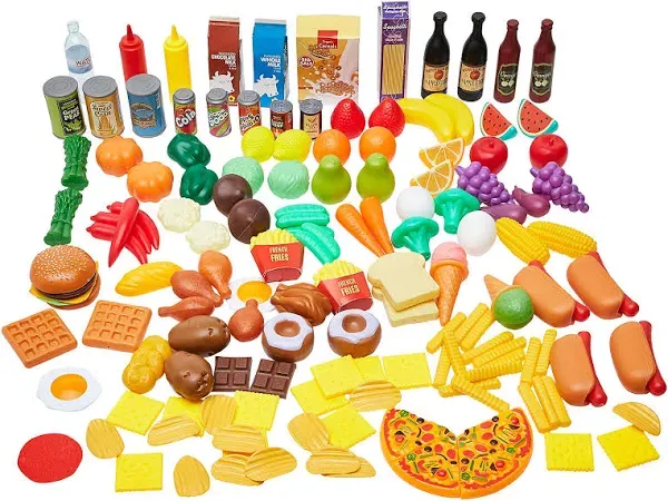 Amazon Basics Pretend Toy Play Food for Kids Ages 3 and Up, Set of 150 Pieces, Multicolor, 11.02"(W) x 3.75"(H) x 16.56"(D)