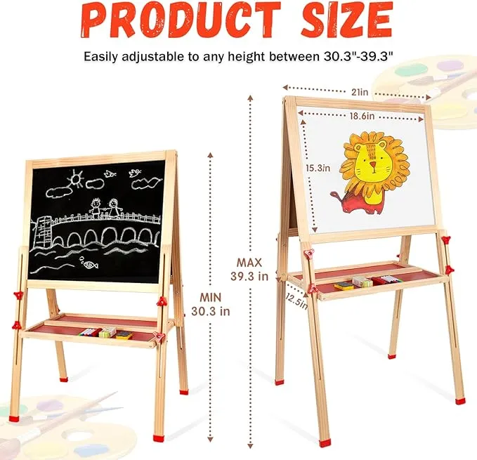 Wooden Art Easel for Kids,Adjustable Double Sided Painting Easel for Toddlers 3,4,5,6,7,8,9,10Years,Foldable Standing Kids Easel with Accessories, Perfect Painting Gifts for Kids Boys&Girls