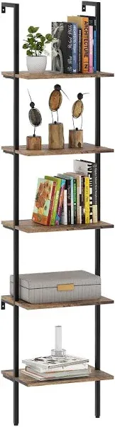 Wolawu Ladder Shelf 5 Tiers Metal Industrial Bookshelf Wood Tall Open Storage Rack and Display Shelves,Wall Mount Wide Book Case For Home