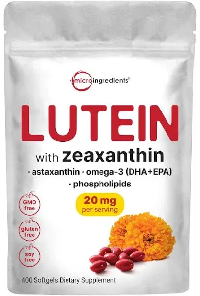 Micro Ingredients Lutein & Zeaxanthin 20mg Softgels, 400 Count, with Astaxanthin, Omega-3s, & Phospholipids | Eye + Vision Health Vitamins | Third Party Tested, Non-GMO, Gluten Free