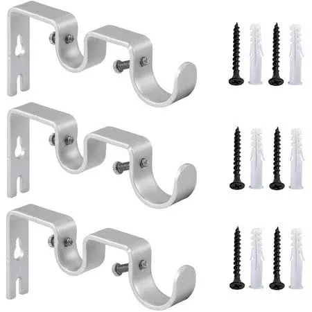 Double Curtain Rod Bracket Holders 1&#034; and 5/8&#034; Inch Silver (3 Pack)